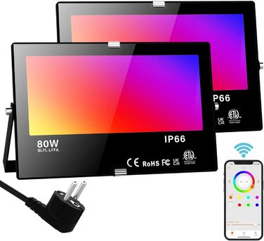Розумний RGB LED прожектор для вулиці 80 Вт, Bluetooth, керування через додаток, IP66, димований, 2700K, мільйони кольорів, водонепроникний, для саду, освітлення фасаду, стельове підсвічування