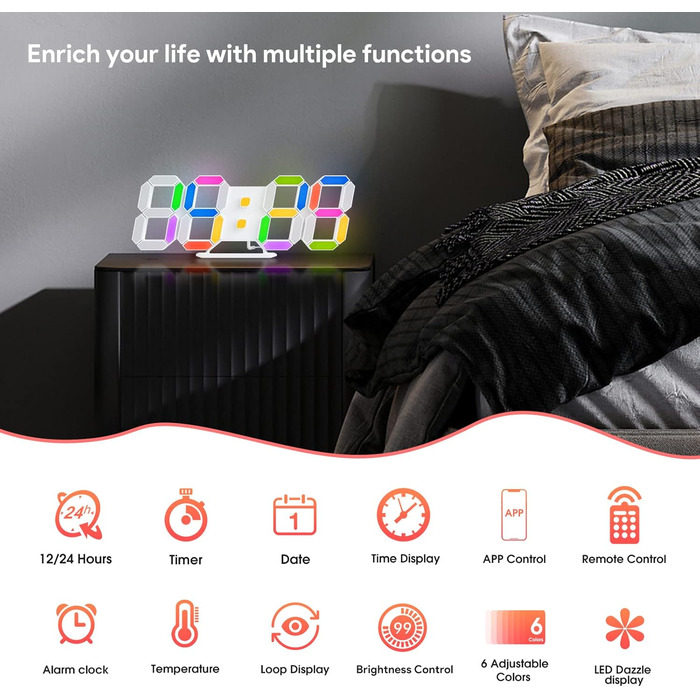 3D LED годинник-будильник EDUP HOME 9,7'' з RGB підсвіткою, безшумний, цифровий, USB, 7 кольорів, дата, температура, додаток і пульт, для спальні, вітальні, офісу