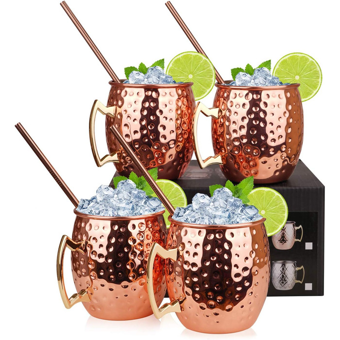 Набір мідних кухлів для Moscow Mule, 4 шт. по 550 мл з трубочками у подарунковій коробці – 100% мідь для коктейлів і охолоджених напоїв