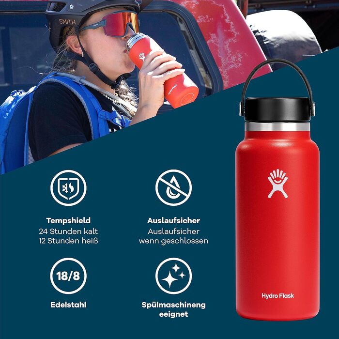 Термобутилка HYDRO FLASK 1180 мл із нержавіючої сталі, ізольована спортивна пляшка для води з герметичною кришкою Flex Cap, ремінцем, Berry, підходить для посудомийки