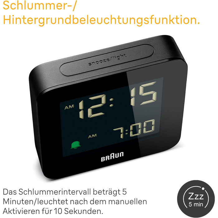 Цифровий будильник Braun BC09B з функцією сну, негативним LCD-дисплеєм, швидким налаштуванням і наростаючим сигналом, чорний
