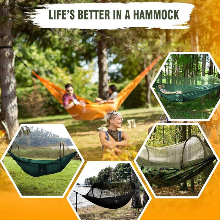 Ультралегка кемпінгова гамак NATUREFUN з москітною сіткою, нейлон, до 300 кг, дихаючий, швидковисихаючий, з 2 карабінами та стропами
