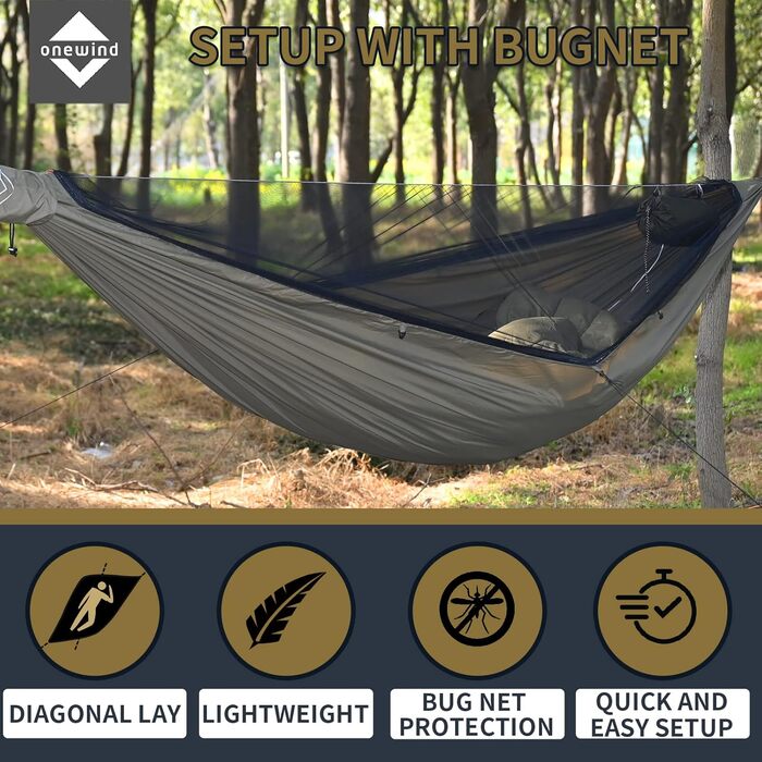 Гамак Onewind Premium 11' з блискавкою, антимоскітною сіткою та ременями для дерев, портативний, для кемпінгу, подорожей, туризму, 335×162 см, оливково-зелений з вітрозахистом