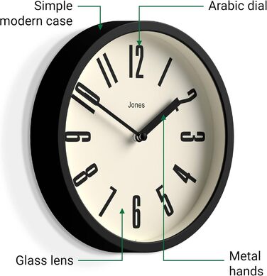 Годинник JONES CLOCKS для ванної та кухні, настінний, ретро, круглий, 20 см, чорний, легкі для читання цифри, ідеальний для кухні, офісу, дитячої кімнати або невеликих приміщень