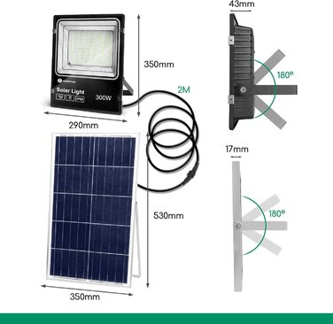 Світлодіодний сонячний прожектор Aigostar 300W, холодне біле світло 6500K, IP66, для вулиці, саду, двору, гаража, з сонячною панеллю