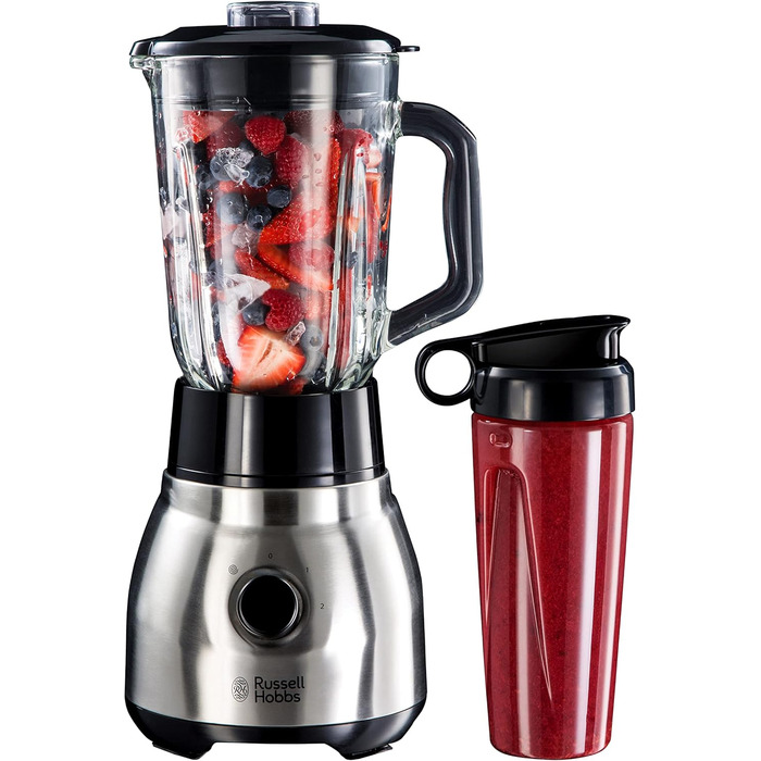 Стаціонарний блендер Russell Hobbs 2-в-1: 1,5 л скляна чаша + 0,6 л пляшка для смузі, нержавіюча сталь, подрібнення льоду, BPA Free, для коктейлів та смузі, модель 23821-56