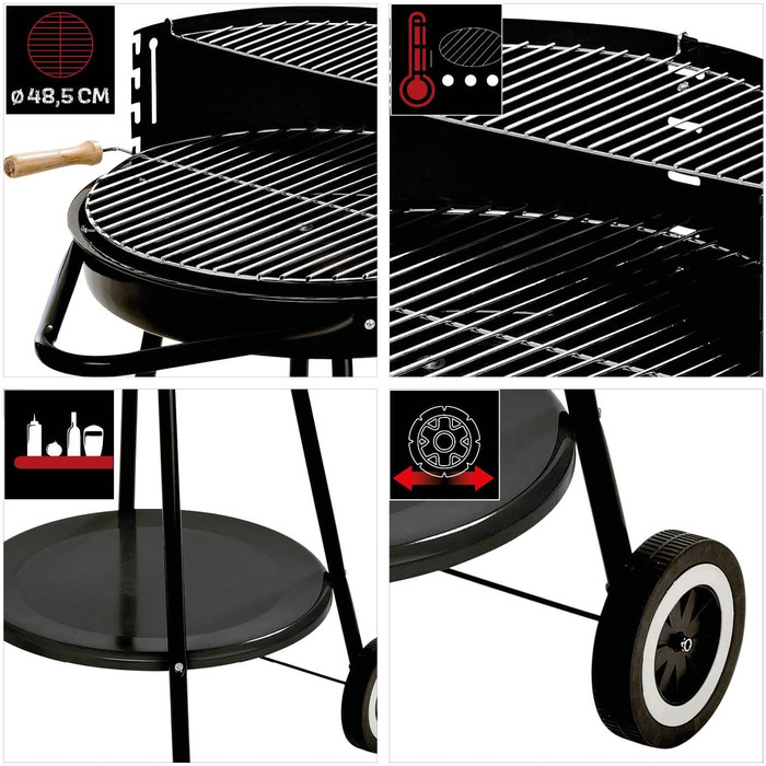 Вугільний гриль GRILLCHEF Corso на колесах, емальована чаша, регульована хромована решітка 48,5 см, стіл, вітрозахист, чорний