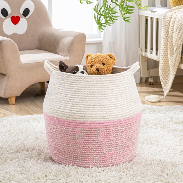 KAKAMAY Плетений кошик для зберігання 43×43 см, великий бавовняний кошик для білизни, дитячий кошик для іграшок, складний кошик для організації вітальні, дитячої кімнати, подушок, рожевий
