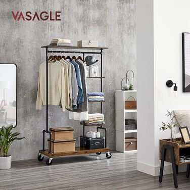 VASAGLE стійка для одягу на колесах, гардеробна з 5 полицями, 40x103,5x174,5 см, індустріальний дизайн, сталевий каркас, вінтажний коричнево-чорний