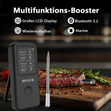 Бездротовий термометр для м'яса BFOUR з Bluetooth, подвійний зонд, водонепроникний IP67, додаток, для гриля, духовки, ростера