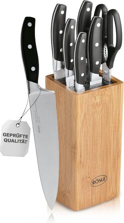 Набір кухонних ножів RÖSLE CUISINE, 7 предметів: блок з бамбука, 5 гострих ножів із спеціальної сталі та кухонні ножиці з захистом для пальців