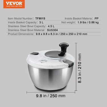 VEVOR Сушарка для салату та овочів з ручкою, 4,5 л, нержавіюча сталь, для зелені, ягід, фруктів, салатниця