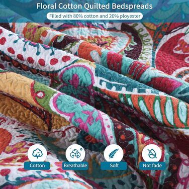 Покривало Qucover 220x240 см, бавовна, стиль бохо, кольорове стьобане для двоспального ліжка, 2 наволочки, комплект «Пейслі»