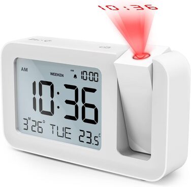 Проекційний будильник TedGem з великим LCD-дисплеєм, цифровий настільний годинник, 4 рівня яскравості, 2 мелодії, 9 хвилин дрімоти, для спальні, офісу, кухні, білий