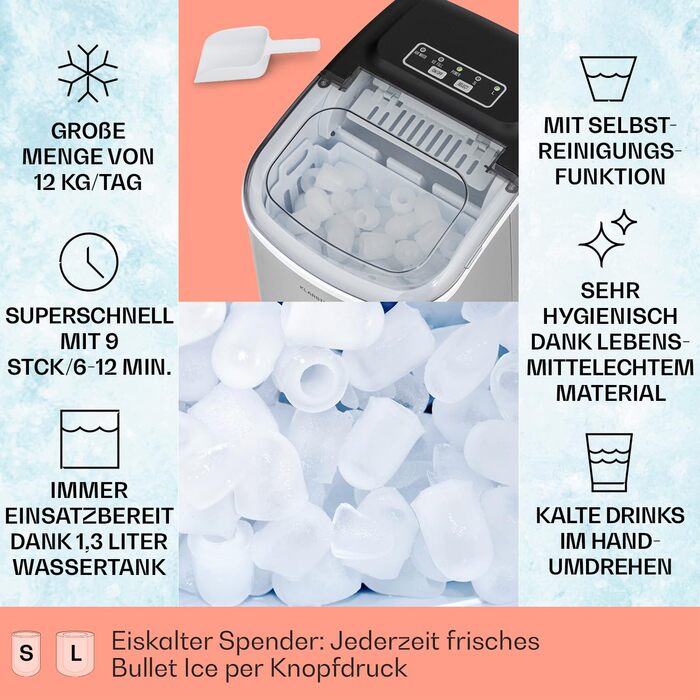 Льодогенератор Klarstein, 12 кг/24 год, 2 розміри, 1,3 л, LED, портативний, нержавіюча сталь, для вечірок та садових свят
