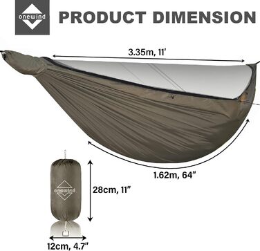 Гамак Onewind Premium 11' з блискавкою, антимоскітною сіткою та ременями для дерев, портативний, для кемпінгу, подорожей, туризму, 335×162 см, оливково-зелений з вітрозахистом
