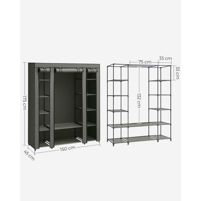 SONGMICS текстильна шафа для одягу з полицями і вішаком, салатовий, 150x45x175 см, для спальні та гардеробної