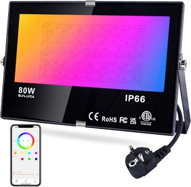 Світлодіодний прожектор DUSKTEC 80W RGB для вулиці, диміруємий, керування через додаток, Bluetooth, кольорова зміна, теплий білий, водонепроникний IP66, для саду та дерев