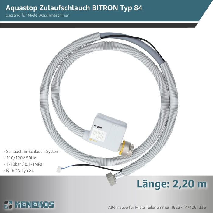 Шланг подачі води Aquastop 2,2 м BITRON Typ 84 для пральної машини Miele, 3/4 дюйма, захисний WPS з електричним підключенням