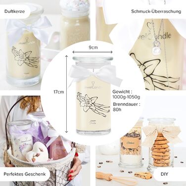 Ароматна свічка JuwelKerze Creamy Vanilla з підвіскою з срібла, велика бежева свічка-ювелірка з орієнтальним ароматом, сюрприз-прикраса всередині, ідеальний подарунок для жінок, 80 годин горіння