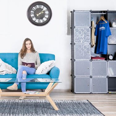 Модульна шафа для одягу Relaxdays з 12 відсіками, велика гардеробна з пластику, 145,5x145,5 см, біла (чорна)