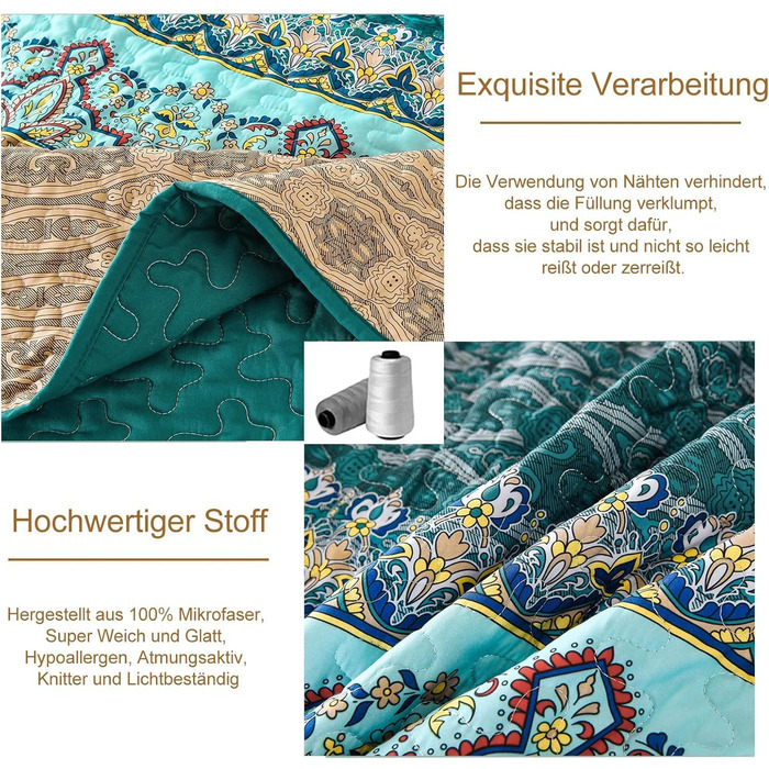 Покривало WONGS BEDDING Boho 220x240 см, стьобане, мікрофібра, комплект 3 в 1 (2 наволочки 50x70), для двоспального ліжка та дивана, бежево-зелене, для спальні