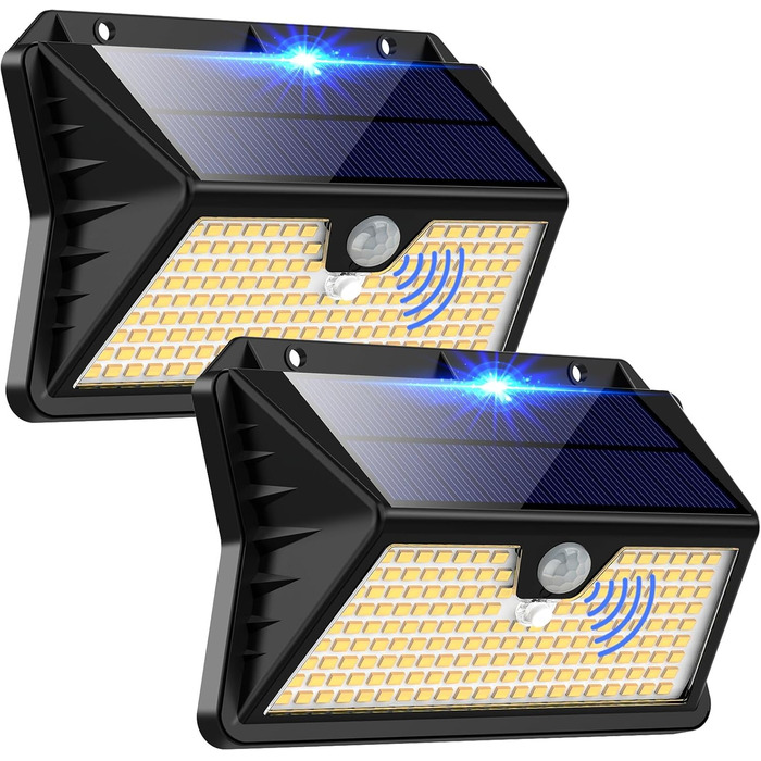 Сонячні LED ліхтарі для вулиці з датчиком руху, 185 LED, 3 режими, IP65, водонепроникні настінні світильники для саду, гаража, двору, вхідних дверей, холодне та тепле біле світло, 2 шт.