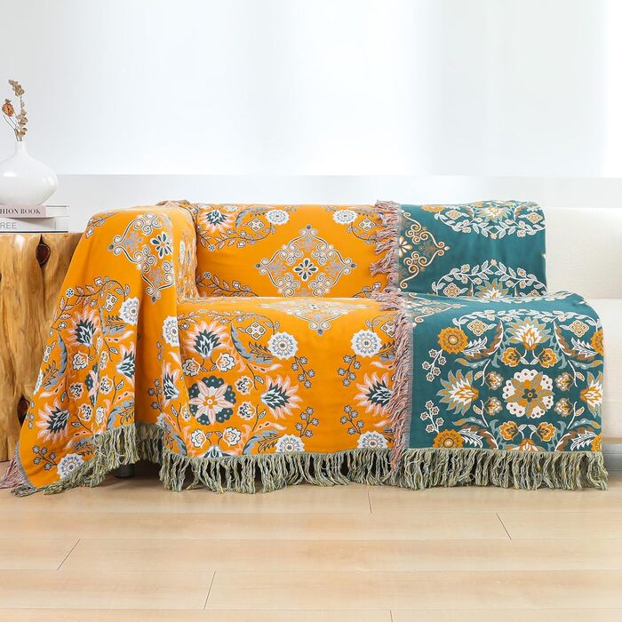 Покривало HOORDRY Boho для ліжка та дивана, бавовняна двостороння ковдра 150×200 см з китицями, жовто-зелене, для спальні та вітальні