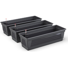 Пластиковий квітник Plastard Milano 3 шт. по 60 см, антрацит, з водозапасом і індикатором рівня води, для саду та балкона, стійкий до погодних умов, для внутрішнього та зовнішнього використання