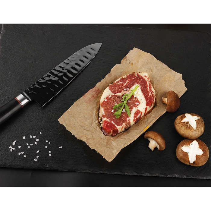 Кухонний ніж Santoku YOUSUNLONG 18 см з японської сталі AUS8, чорне титанове покриття, рукоятка з ебенового дерева