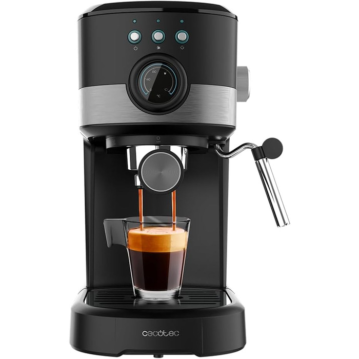 Кавоварка Cecotec Compacta Power Espresso 20 Pecan 1100 Вт, 20 бар, термоблок, парова насадка, подвійний фільтр, 1,25 л, чорна, з манометром