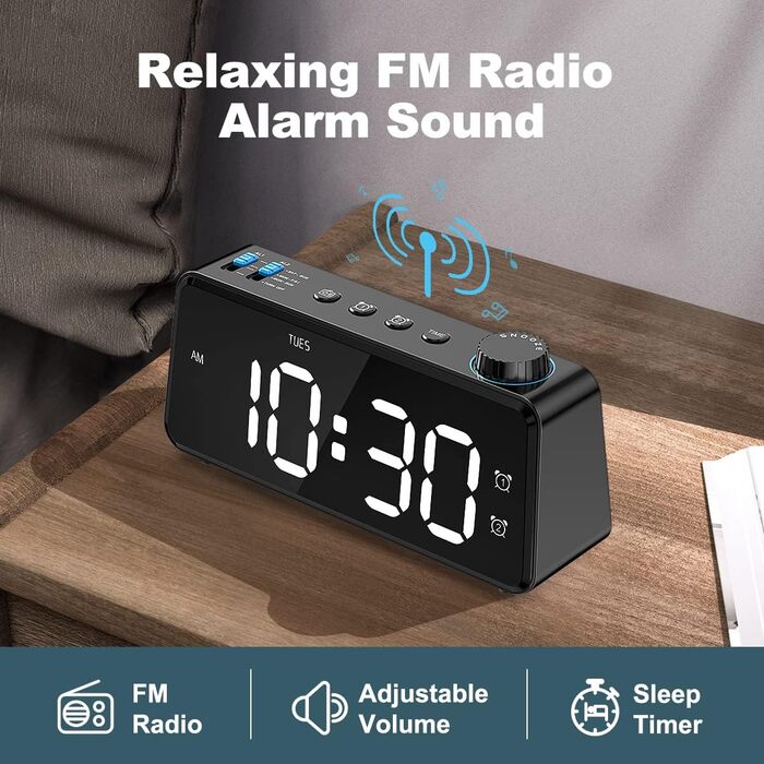Цифровий FM-радіо будильник ANJANK з USB-зарядкою, подвійним будильником, димованим LED-дисплеєм 6,5'', динаміком, функцією відкладання, для спальні, чорний