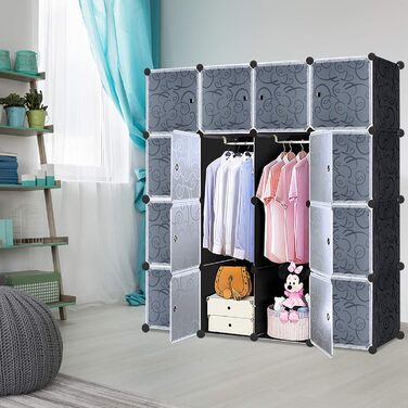 Шафа для взуття та одягу DIY, модульний органайзер 16 секцій, 111x37x147 см, чорний з дверцятами, для взуття, одягу, іграшок і книг