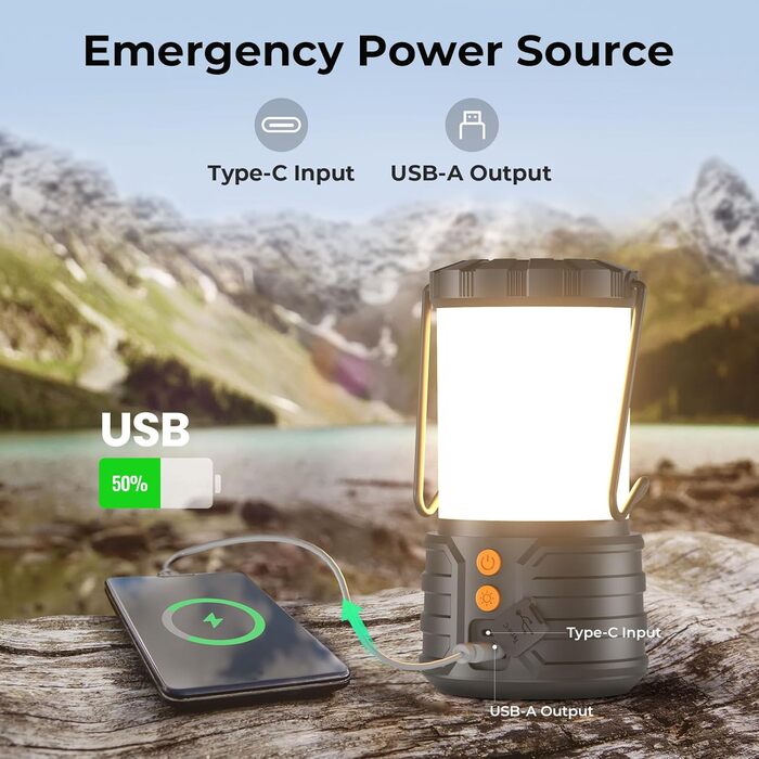 Набір з 2 LED кемпінгових ліхтарів 5000mAh, водонепроникних, з акумулятором, 3 кольори, портативні ліхтарики для намету, будинку, аварійного освітлення