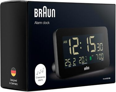 Цифровий годинник Braun BC10B з будильником, датою, місяцем, термометром, LCD-дисплеєм, швидким налаштуванням, чорний