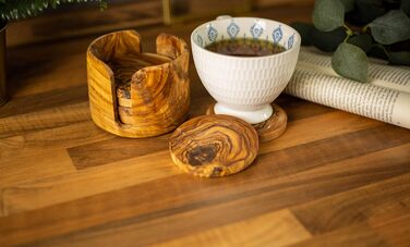 Підставки для склянок з оливкового дерева, круглі, 6 шт., 8,5 см, з коробкою для зберігання, для склянок, чашок, ваз
