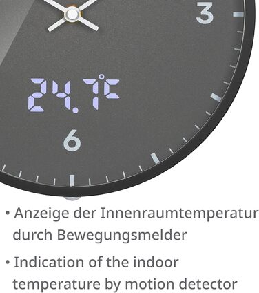 Стінастий годинник Bresser MyTime, 24 см, радіокерований, безшумний, з LED секундною індикацією, вимірюванням температури, сірий
