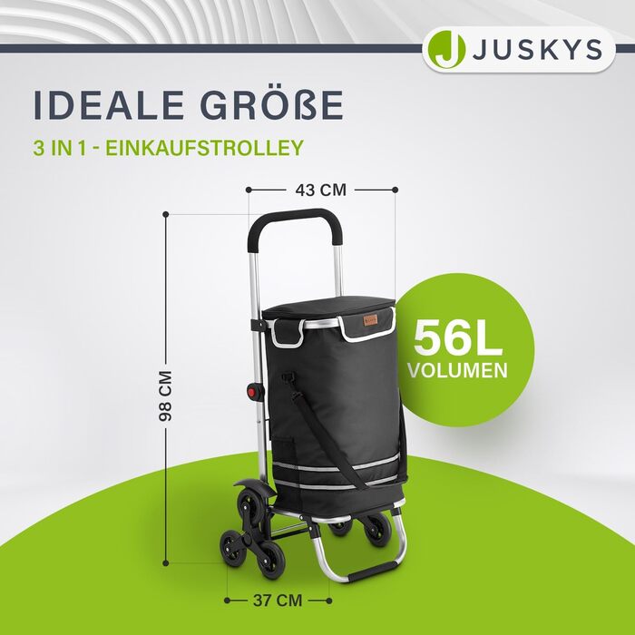Сумка-візок Juskys 3-в-1 для сходів, 56 л, сучасна, складна, чорна – універсальний шопер, візок-трансформер для покупок та перевезення вантажів