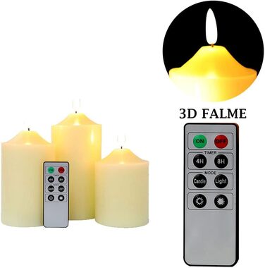 Набір із 3 LED свічок JHY DESIGN без полум'я на батарейках з 3D-ефектом, пультом і таймером, для весілля, столу, Різдва, вітальні (10/12/15 см)