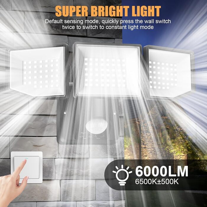 LED прожектор з датчиком руху для вулиці, 6000 Лм, 38Вт, суперяскравий, з трьома регульованими головками, 6500K холодне біле світло, IP65 водонепроникний, для гаража, саду, двору