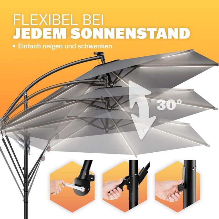 Сонячна парасолька Kingsleeve з LED підсвічуванням, UV 80+, сонячна батарея, чохол, 350 см, з кривошипом для балкона та тераси