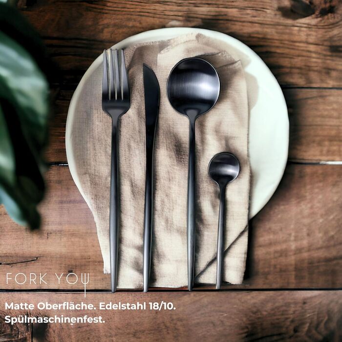 Набір столових приборів FORK YOU, 16 предметів, чорний матовий, нержавіюча сталь, для 4 осіб, придатний для посудомийної машини, подарунковий набір у коробці