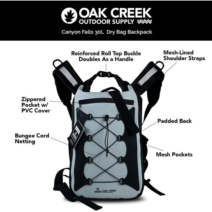Водонепроникний рюкзак Oak Creek Canyon Falls 30 л, преміум, із ПВХ, сірої кольору, з м'якими лямками, для спорядження