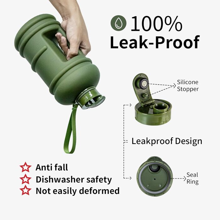 Спортивна пляшка для води TOOFEEL 2,2 л, BPA Free, багаторазова, з мірною шкалою, матова оливкова, для спортзалу