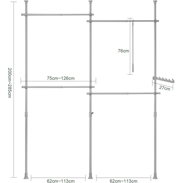 Вішалка для одягу SoBuy KLS03-SCH, телескопічна, 4 штанги, регульована, 124-226x200-285 см, світло-сіра