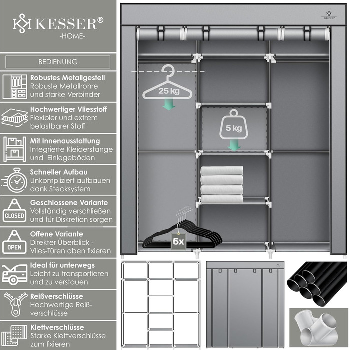 Тканинна шафа для одягу KESSER з полицями та вішалкою, 150x45x175 см, 5 вішаків, сіра, для спальні та гардеробної