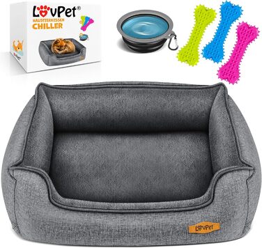 Лежак для собак Lovpet® Chiller з мискою та 3 кісточками, знімний та праний чохол, сірий, 90x75x25 см, для малих, середніх і великих собак