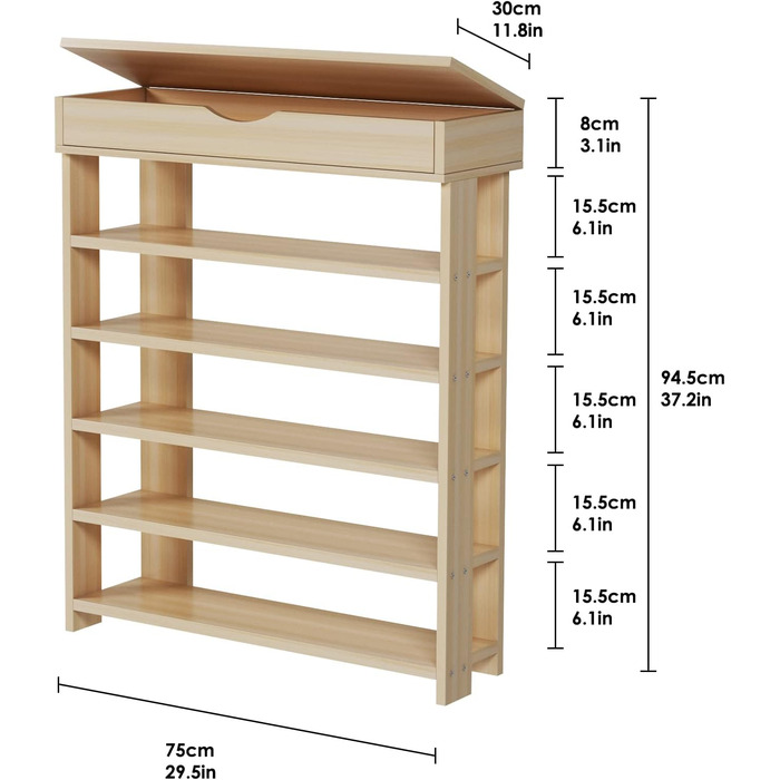 Soges 5-рівнева полиця для взуття з дерева, 75x30x94,5 см, білий клен, взуттєва шафа для вітальні, коридору, передпокою
