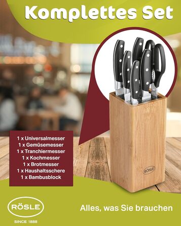 Набір кухонних ножів RÖSLE CUISINE, 7 предметів: блок з бамбука, 5 гострих ножів із спеціальної сталі та кухонні ножиці з захистом для пальців