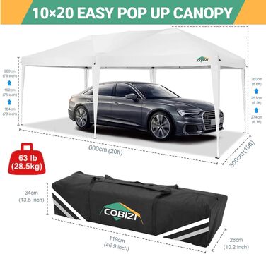 Павільйон COBIZI 3x3 м складаний, водонепроникний, зимостійкий, UV 50+, з 8 кілками, 4 вітровими мотузками, щільний тент, білий, 3x6 м, 6 стінок, для саду та вечірок